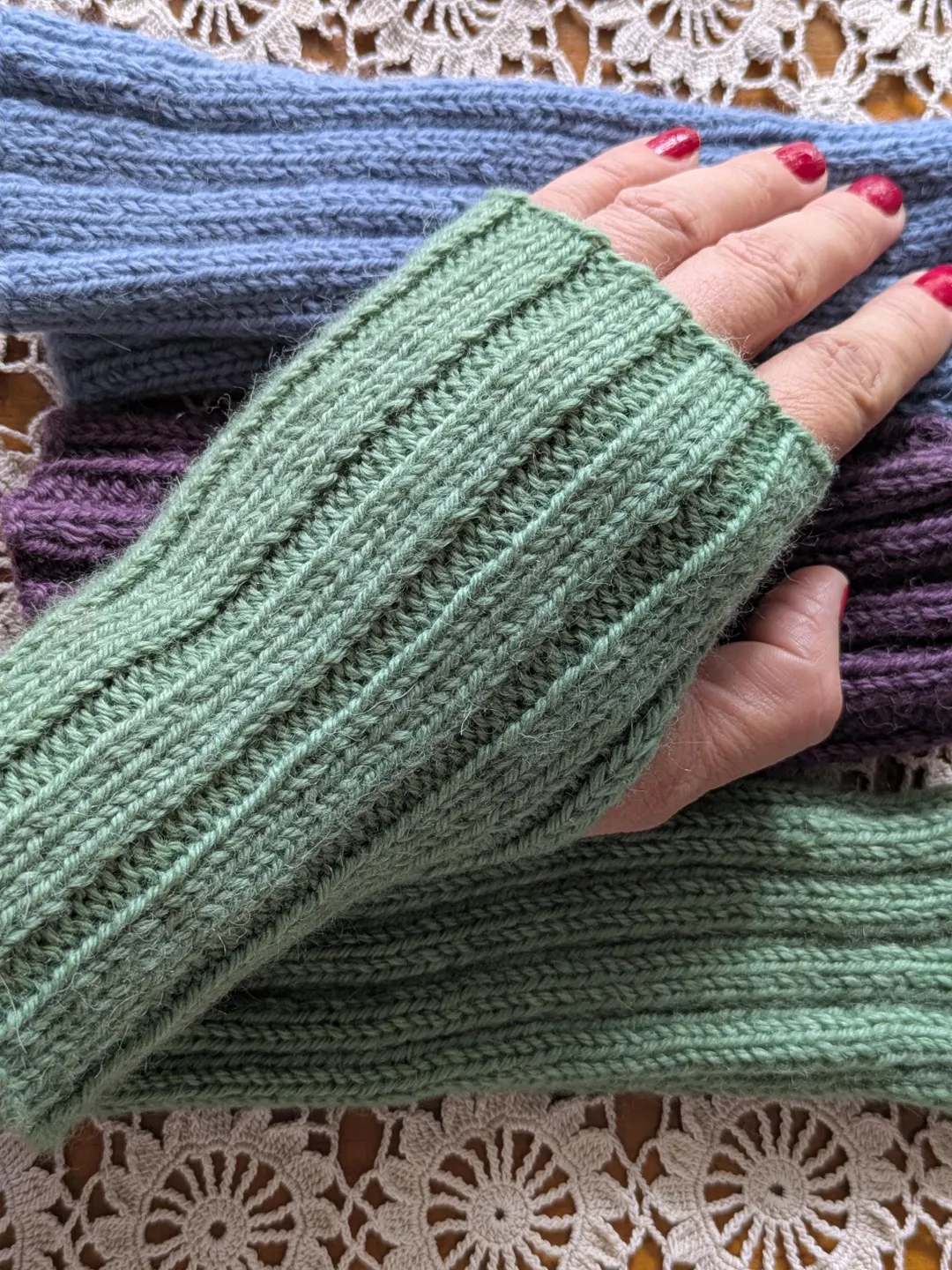 Hand Knit Alpaca Fingerless Gloves: Ribbed Australian Yarn Wristers