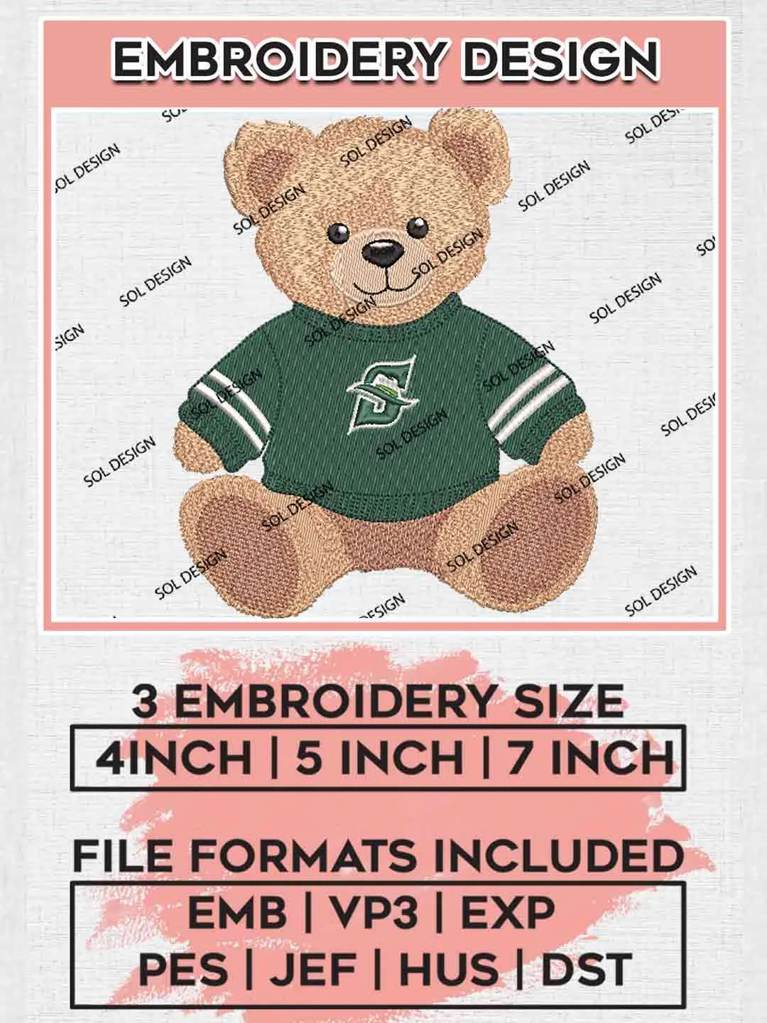 Stetson Hatters Teddy Bear Logo Embroidery Designs, NCAA Logo Embroidery files, NCAA Stetson Team, Machine embroidery designs, Digital Download