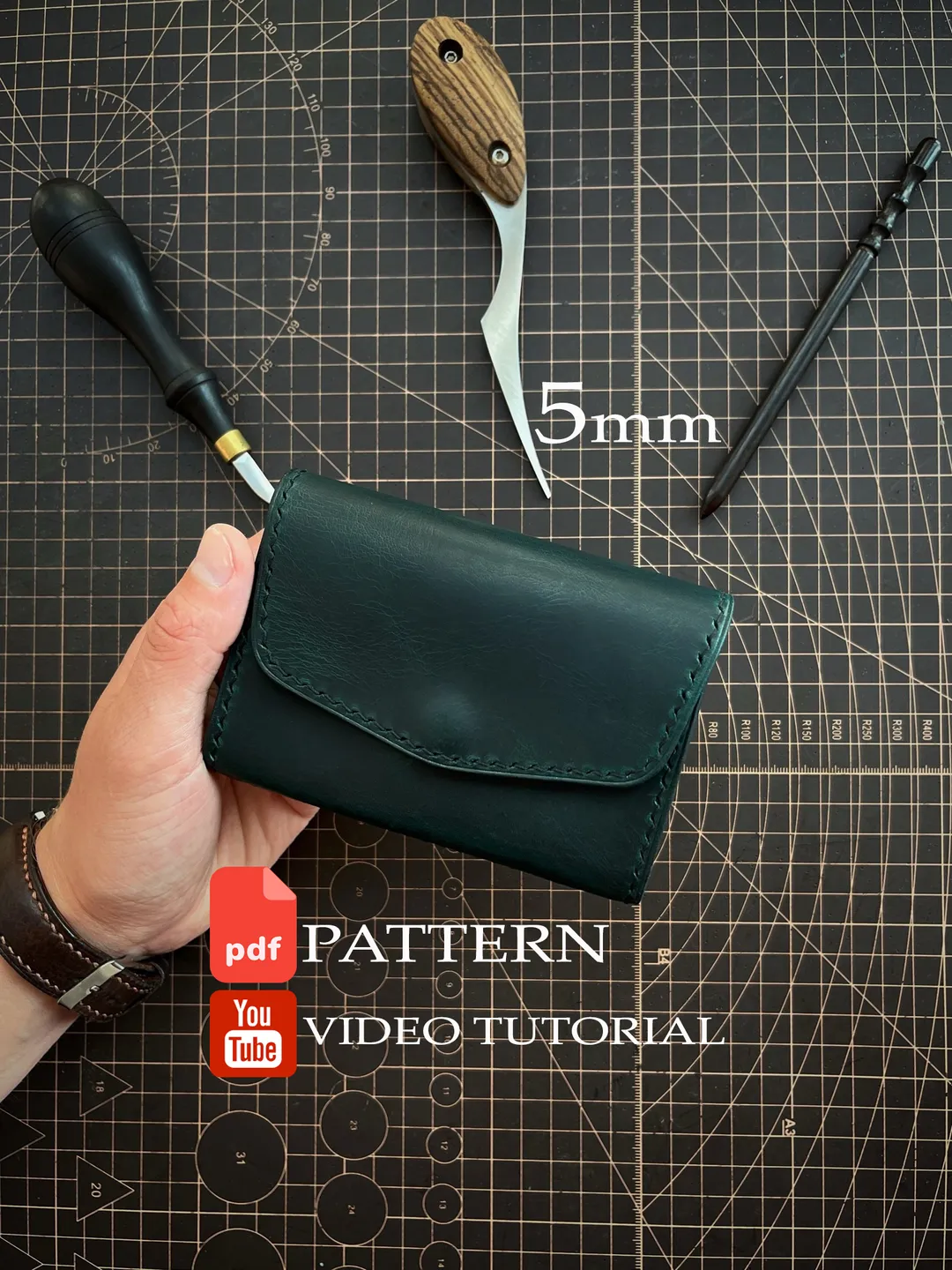 Pattern of a mini women's wallet - Pattern of a leather wallet - Download PDF & video TUTORIAL. Punch pitch 5 mm.