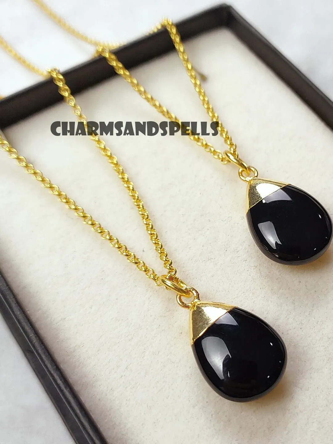 Black Onyx Tear Drop Necklace, Sleek Gothic Gemstone Pendant, Minimalist Statement Jewelry Gift Handmade