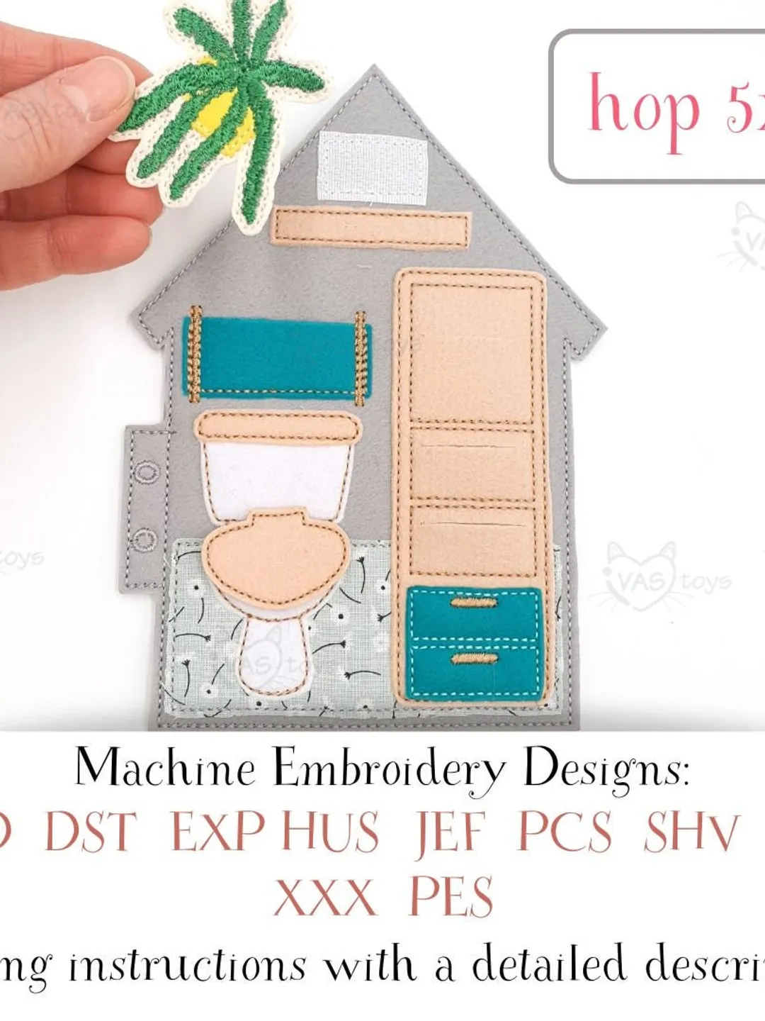 ITH Dollhouse Bathroom Quiet Book Page Embroidery Design, Felt Miniature Furniture Activity Page Pattern 5x7 Hoop Download