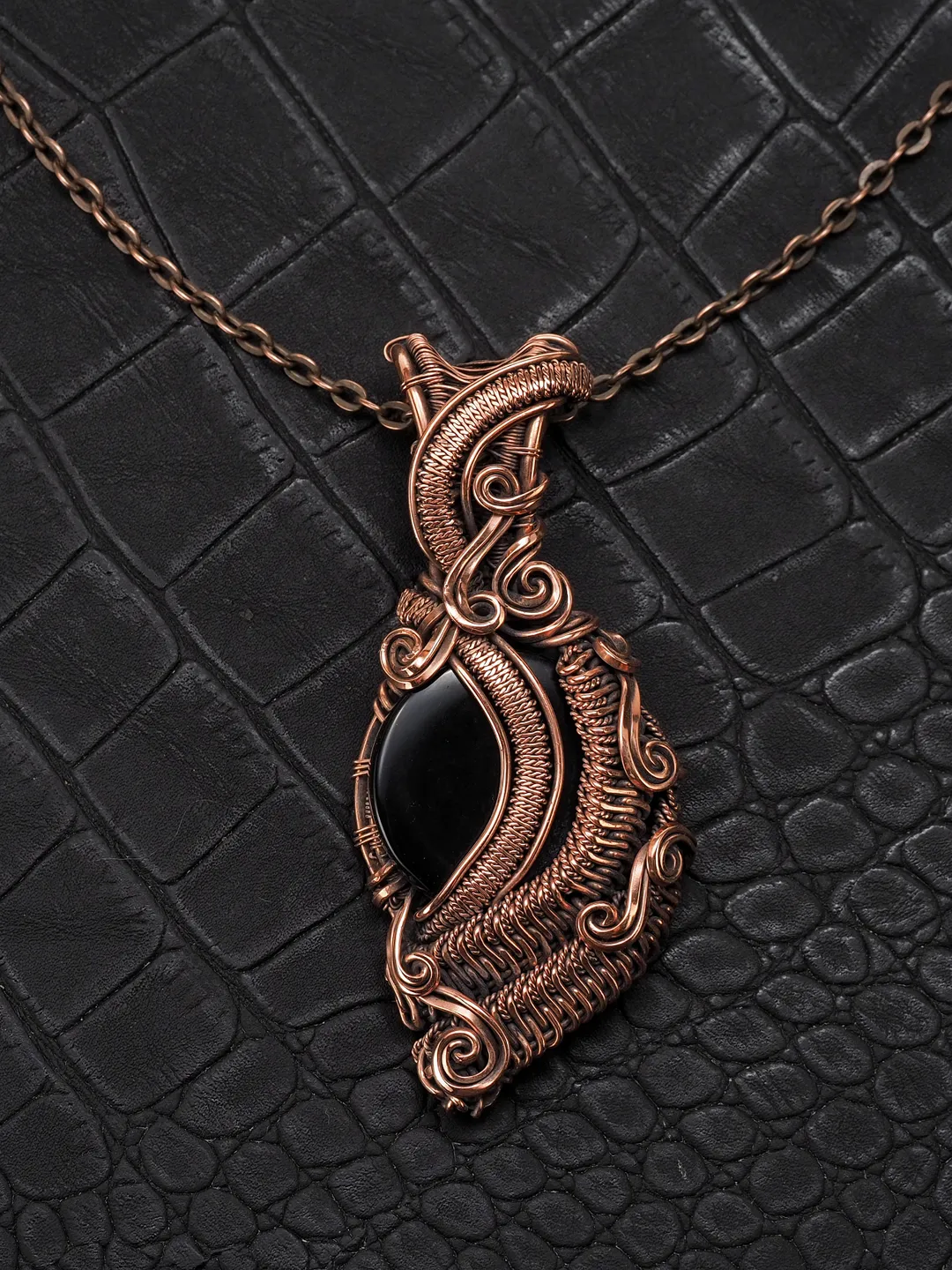 Unique copper wire wrapped pendant this natural Black Onyx Healing wire weave statement necklace for her woman Art