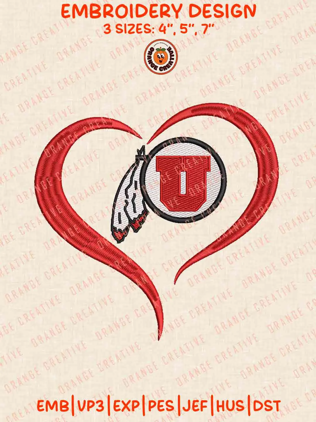 Utah Ute Heart Embroidery Files, Football Embroidery Designs, College Sport Machine Embroidery Files, 3 Sizes, Custom Sizes, Instant Download