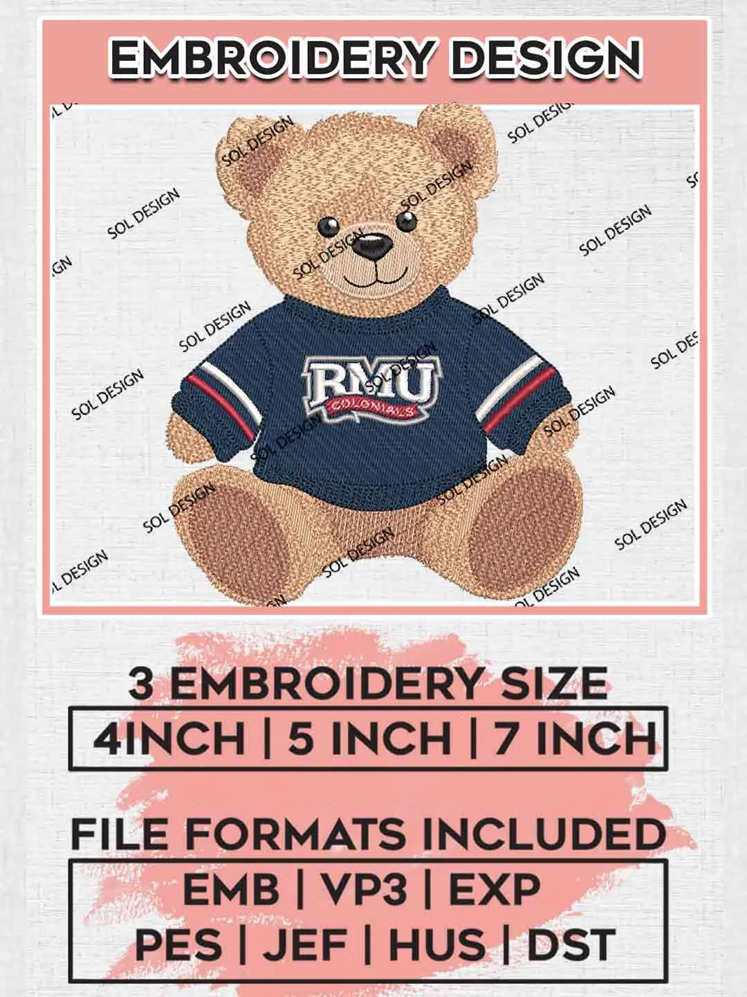 RMU Colonial Teddy Bear Embroidery Design, Football Embroidery files, Sport Machine embroidery files, 3 sizes, Instant Download
