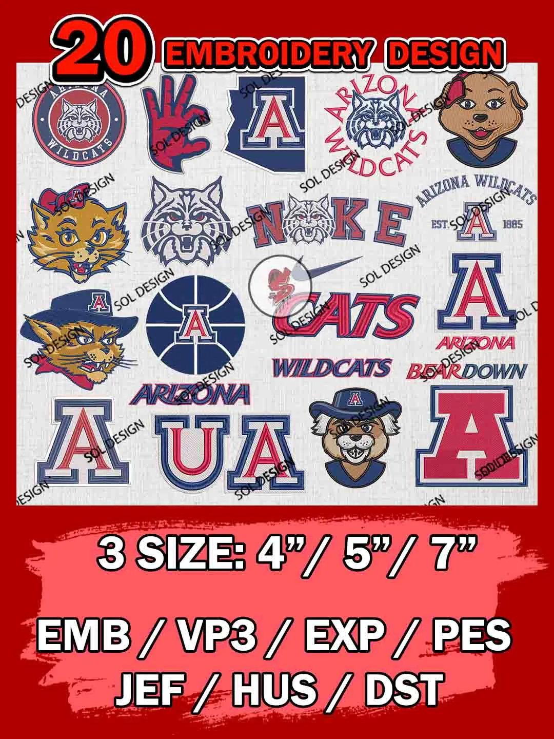 20 NCAA Arizona Wildcats Bundle Embroidery Files, NCAA Arizona Wildcats Team Bundle Embroidery Designs, NCAA Teams, National College Football Team 3 sizes, NCAA Arizona Machine Embroidery, Digital Download