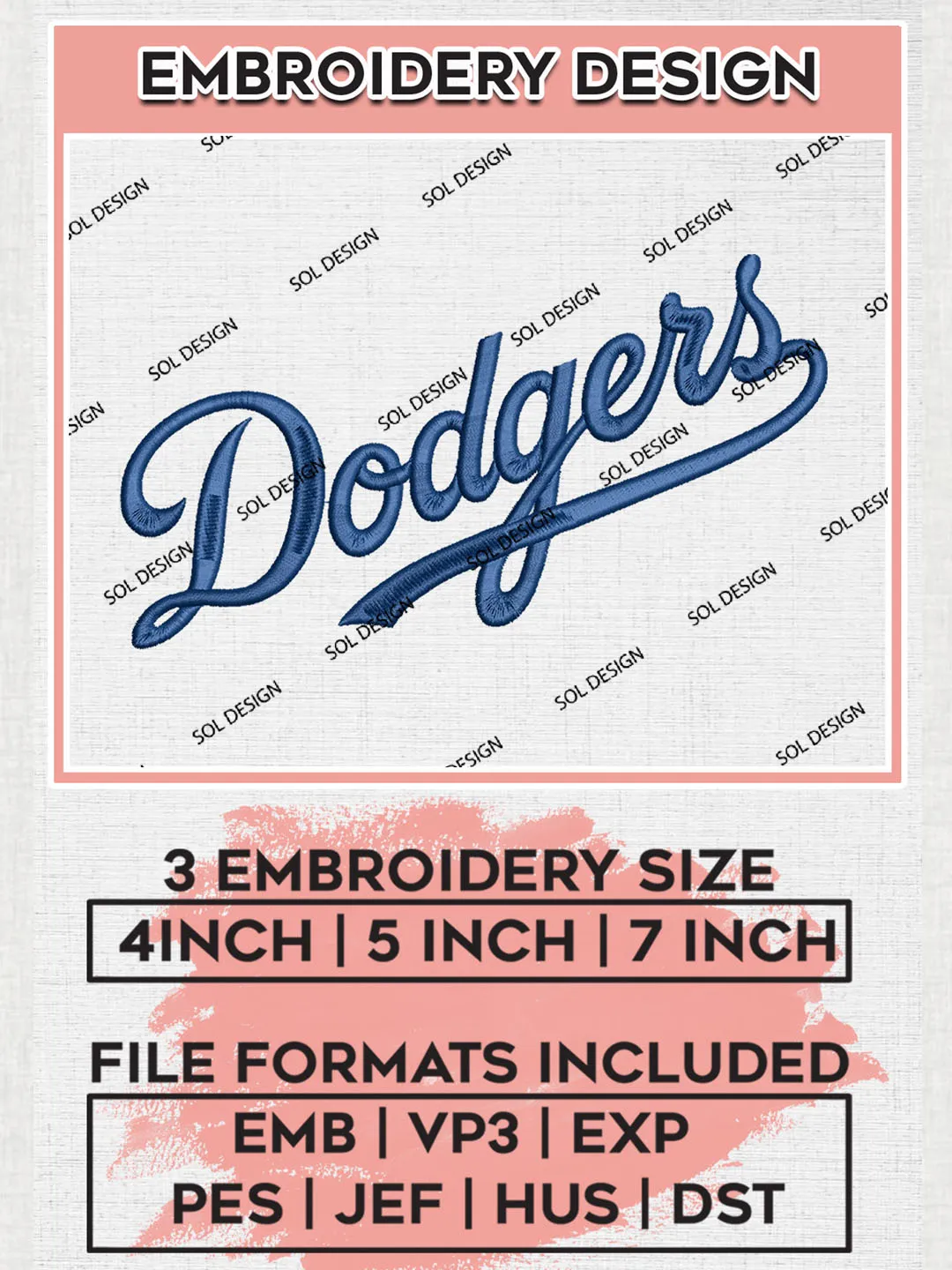 MLB Dodgers Wordmark Logo Embroidery Files, MLB Los Angeles