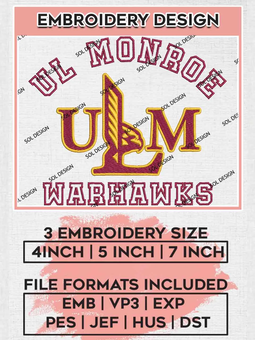UL Monroe Warhawk Embroidery Design, Football Embroidery files, Sport Machine embroidery files, 3 sizes, Instant Download