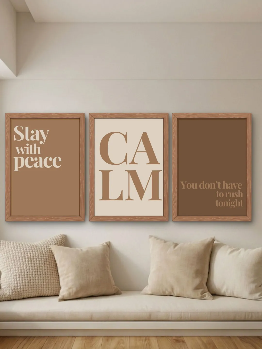 Calm Wall Art Set of 3 Printable, Stay With Peace Minimal Quote Prints, Neutral Bedroom Decor, Brown Aesthetic Wall Decor, Digital Download