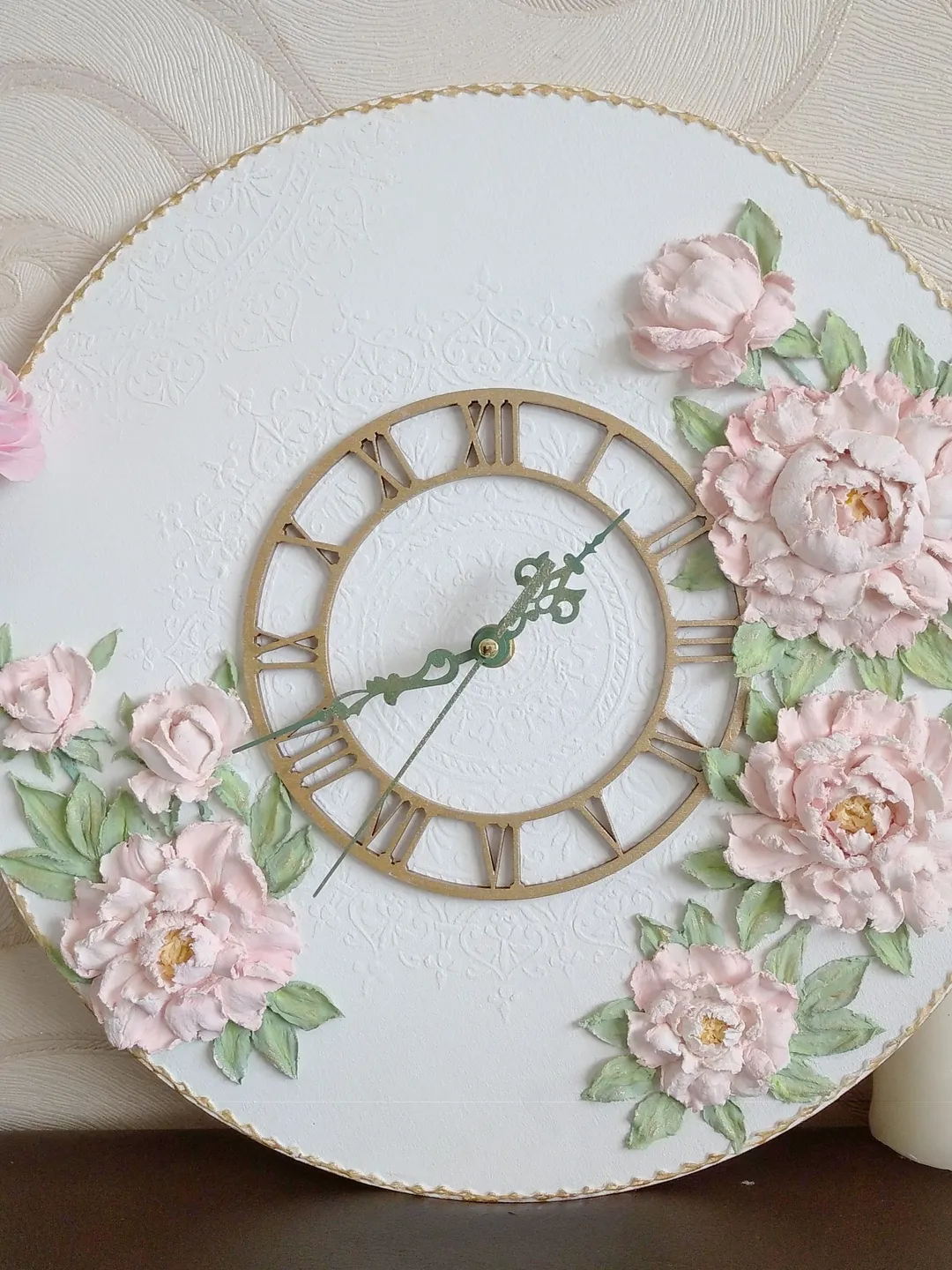 White wall clock with pink 3D peonies Shabby chic wall decor Large wall clock with flowers Wedding gift Mother day gift