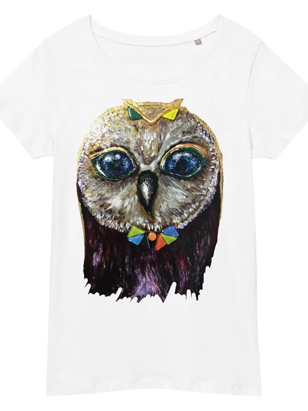 Red owl in glasses Women’s organic t-shirt made with my original stained glass painting,unique design handmade t shirt,special gift for her