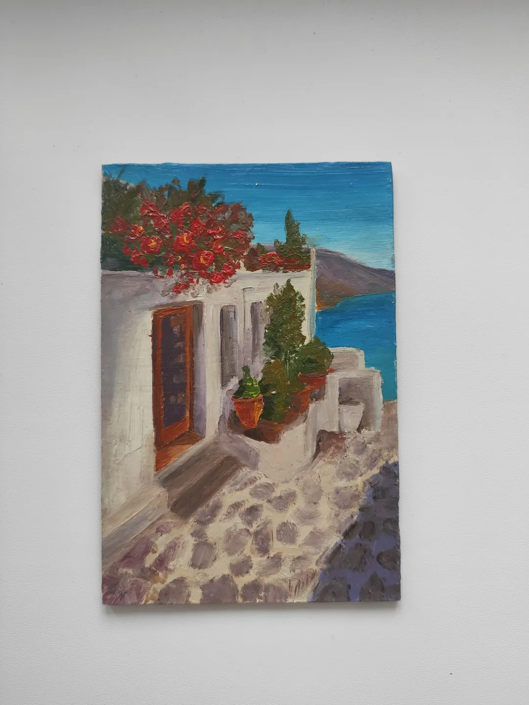 Oil painting on cardboard the house in Greece