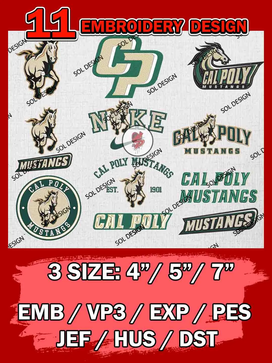 11 NCAA Cal Poly Mustangs Bundle Embroidery Files, NCAA Cal Poly Mustangs Team Bundle Embroidery Designs, NCAA Teams, National College Football Team 3 sizes, NCAA Cal Poly Machine Embroidery, Digital Download