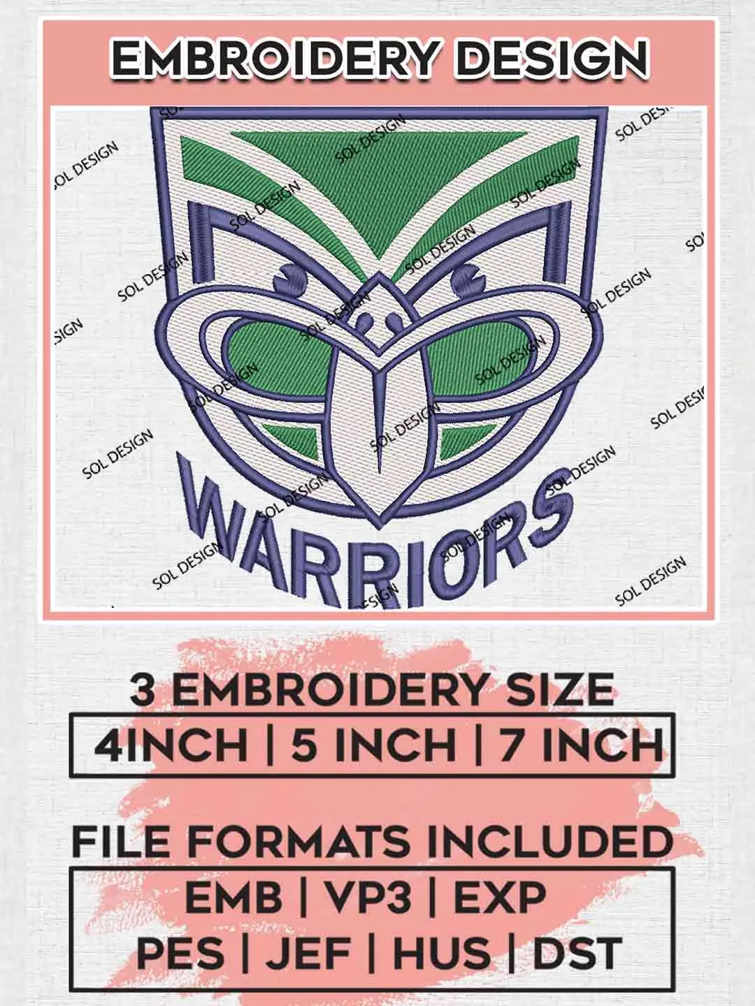 NRL New Zealand Warriors Machine Embroidery Design, National Rugby League Embroidery Design, New Zealand Warriors Logo Embroidery Design, NRL Machine Embroidery Digitized Pes File, 3 Sizes, Instant Download