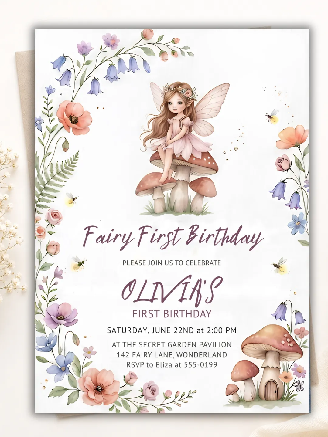 Fairy First Birthday Invitation – Enchanted Woodland Mushroom Printable Invite