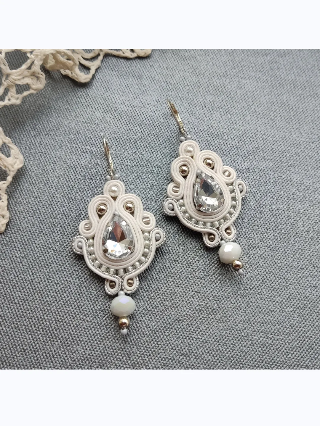 Wedding Earrings, White Silver Bridal earrings, rhinestone earrings, soutache earrings