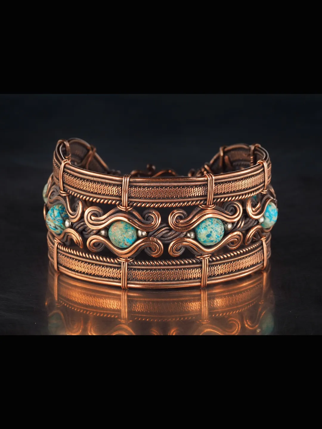 Copper wire wrapped bracelet with chrysocolla for lady Antique style WireWrapArt