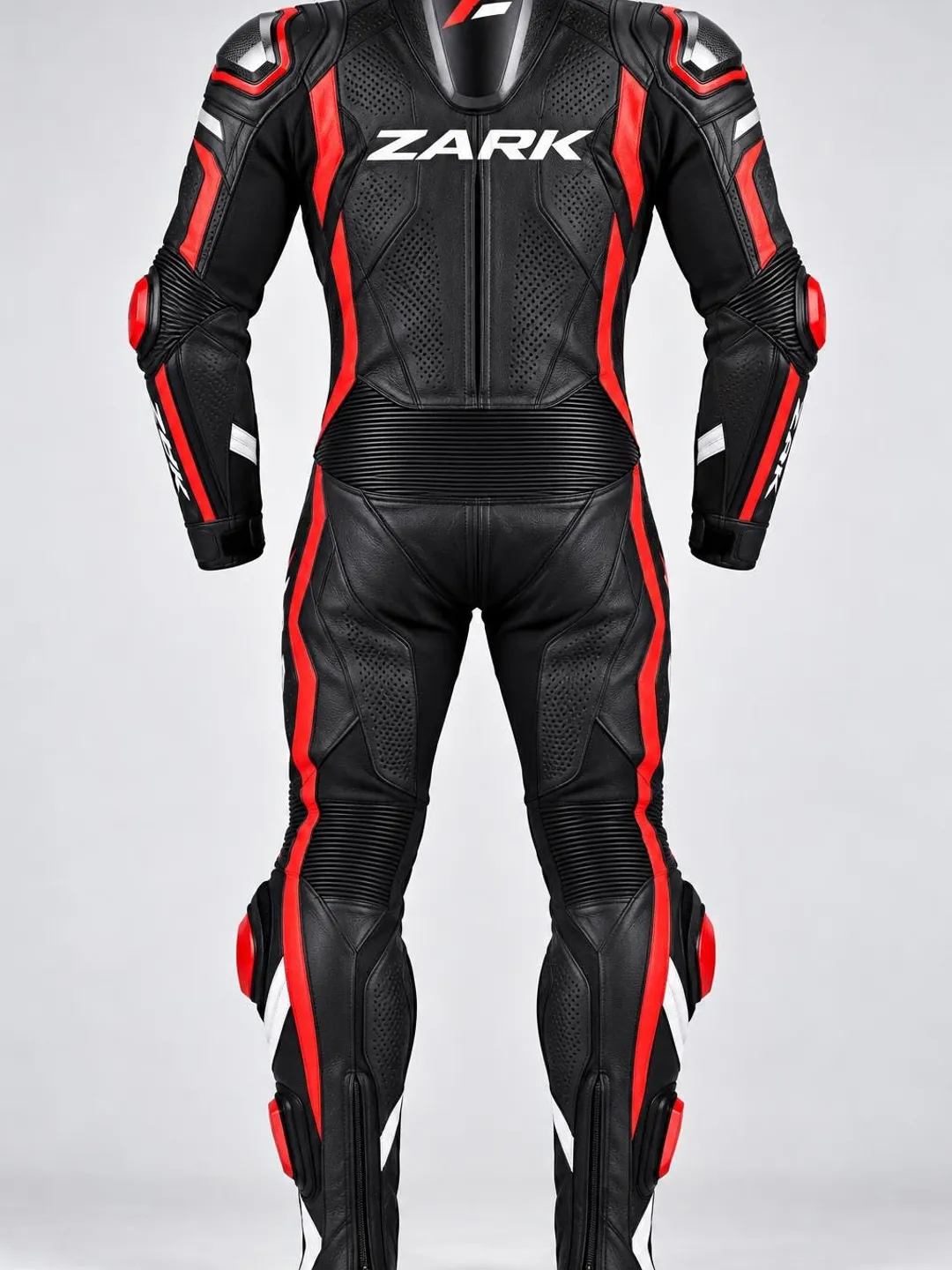 ZARK One-Piece Leather Racing Suit, Black Red White, CE Armor