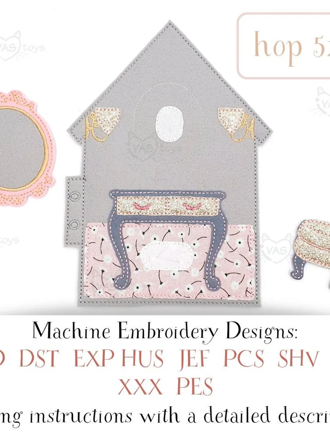 ITH Dollhouse Dressing Room Page Design, Felt Quiet Book Vanity Table Pattern, 5x7 Hoop Embroidery File