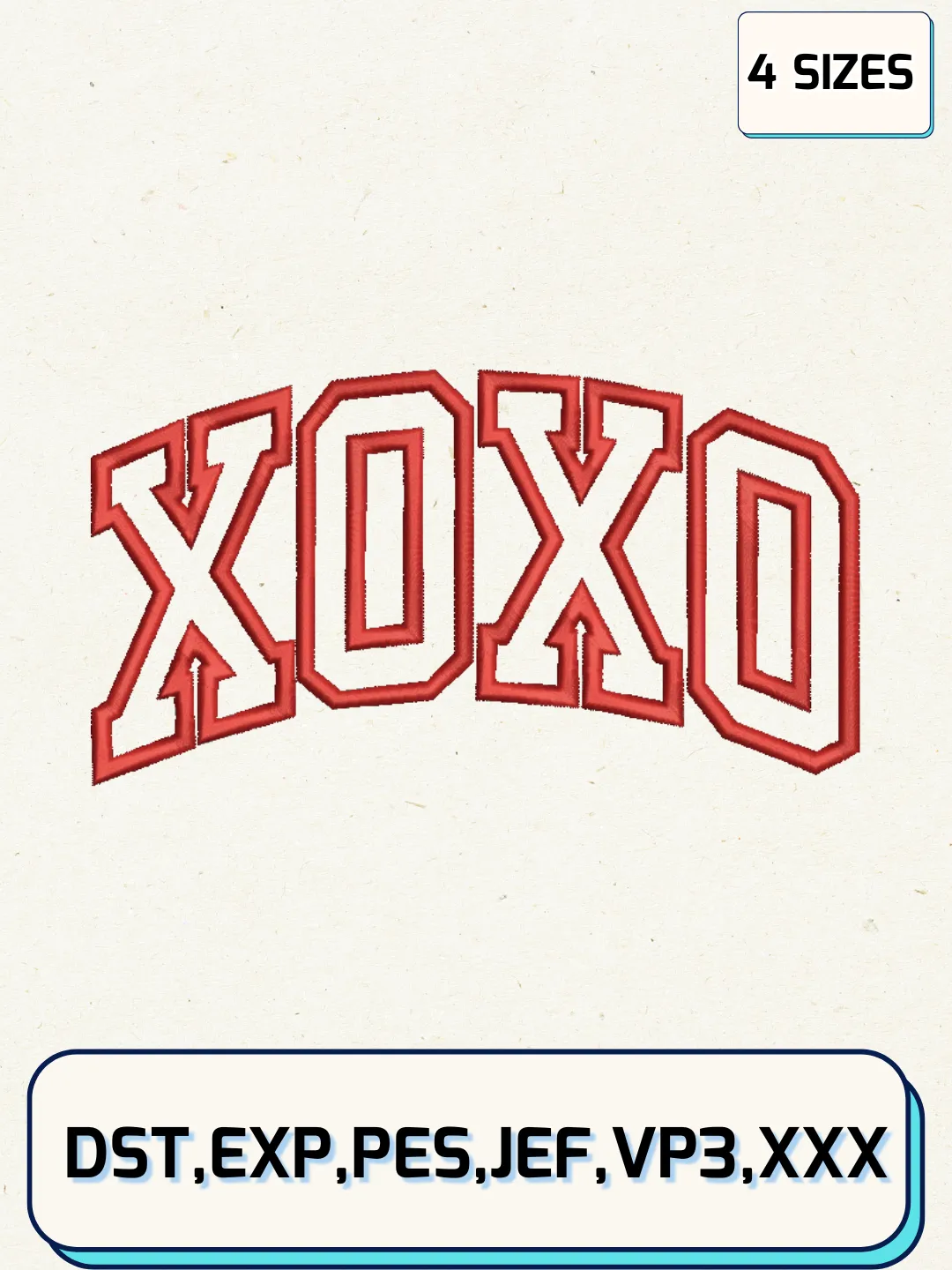 Xoxo Applique #2 Embroidery Design Files, Valentine Logos Embroidery Designs, Machine Embroidery Files, 4 Sizes