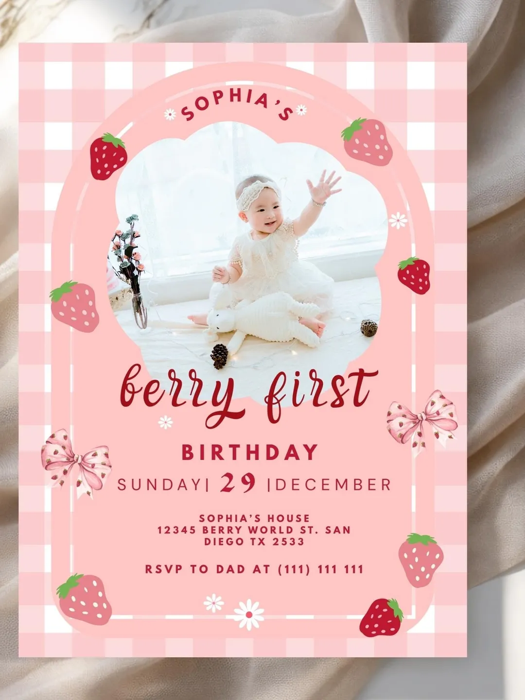 Berry First Birthday Invitation | Editable Photo 1st Birthday Girl Invite, Printable Strawberry Birthday Party Invitation | Instant Download