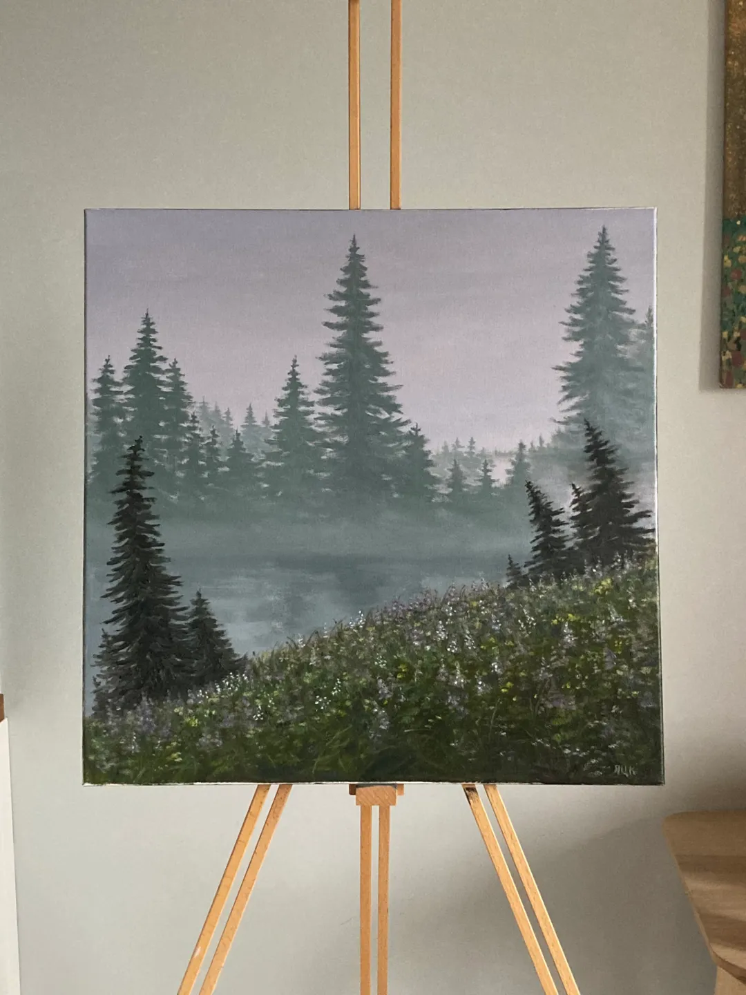 Forest Painting Landscape Oil Artwork Foggy Art Moody Painting On Stretched Canvas 16x16 in