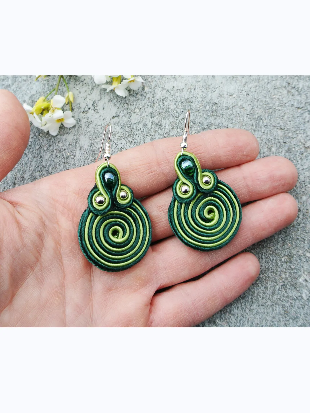 Green Earrings, Embroidered soutache earrings, Round swirl Boho earrings