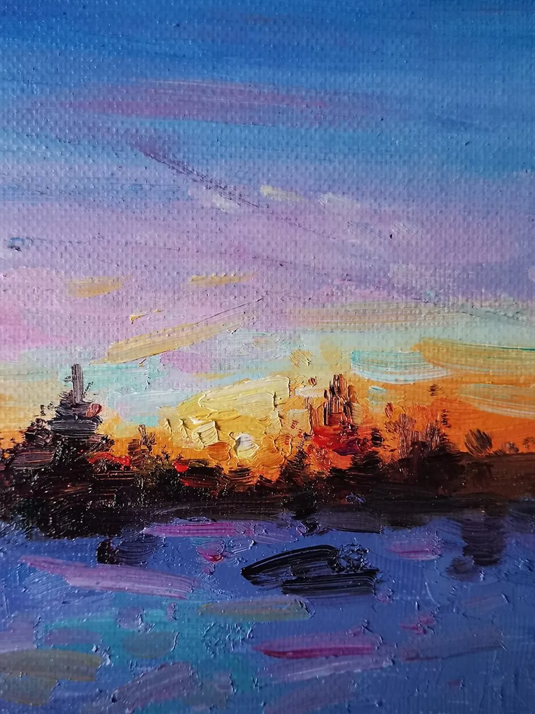Sunset Painting Original Art Small Impasto Oil Painting Landscape