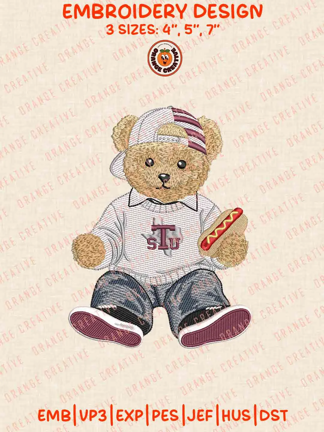 Texas Southern Tiger Teddy Bear Embroidery Design Files, Football Logos Embroidery Designs, Sport Machine Embroidery Files, 3 Sizes, Custom Sizes, Instant Download