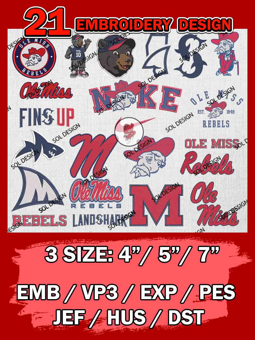 21 NCAA Ole Miss Rebels Bundle Embroidery Files, NCAA Ole Miss Rebels Team Bundle Embroidery Designs, NCAA Teams, National College Football Team 3 sizes, NCAA Ole Miss Machine Embroidery, Digital Download