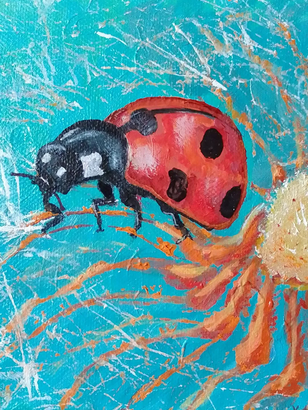 Painting flowers with a Ladybug Original Art Animal Flower Painting Floral Small Art Insect