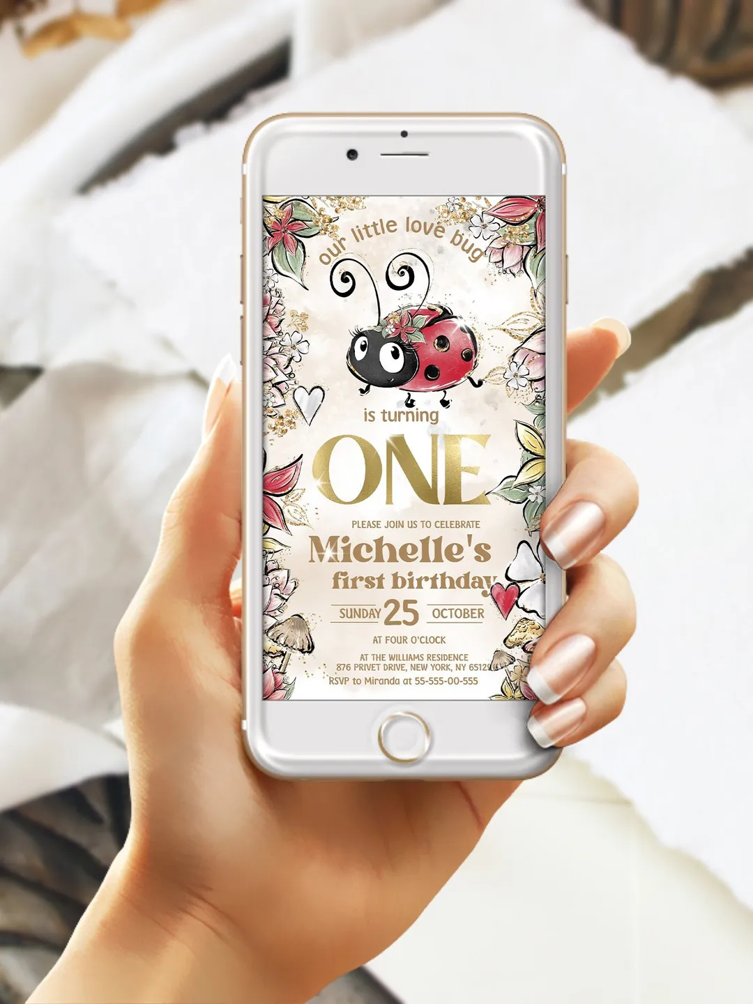 Editable Lady Bug First Birthday Electronic Invitation; Any age Lady bug birthday party template; Cute Girl Birthday Evite;  Download lb1