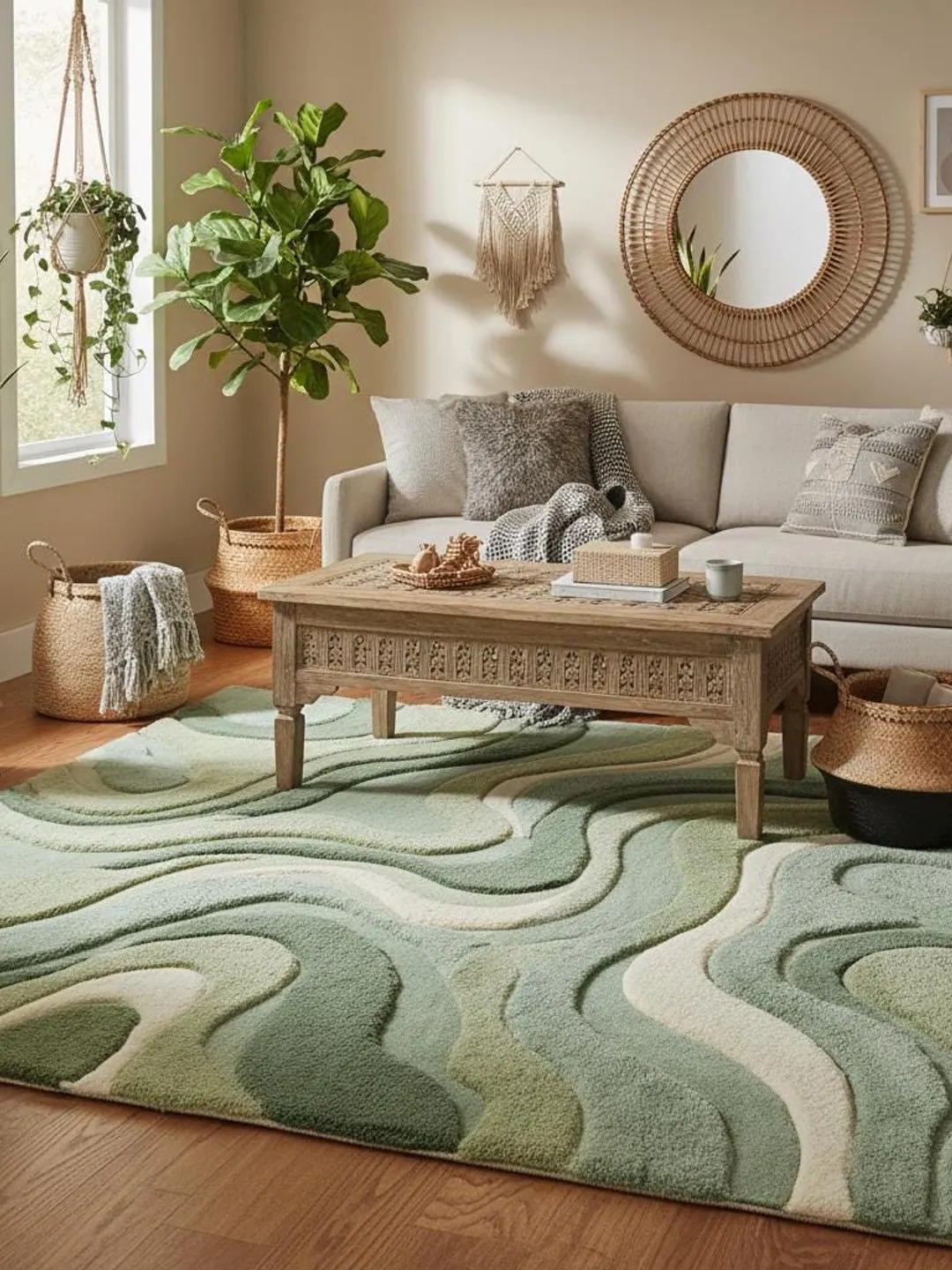Moss Green Rug, Abstract Wave Hand Tufted Area Rug, Modern Organic Sage ...