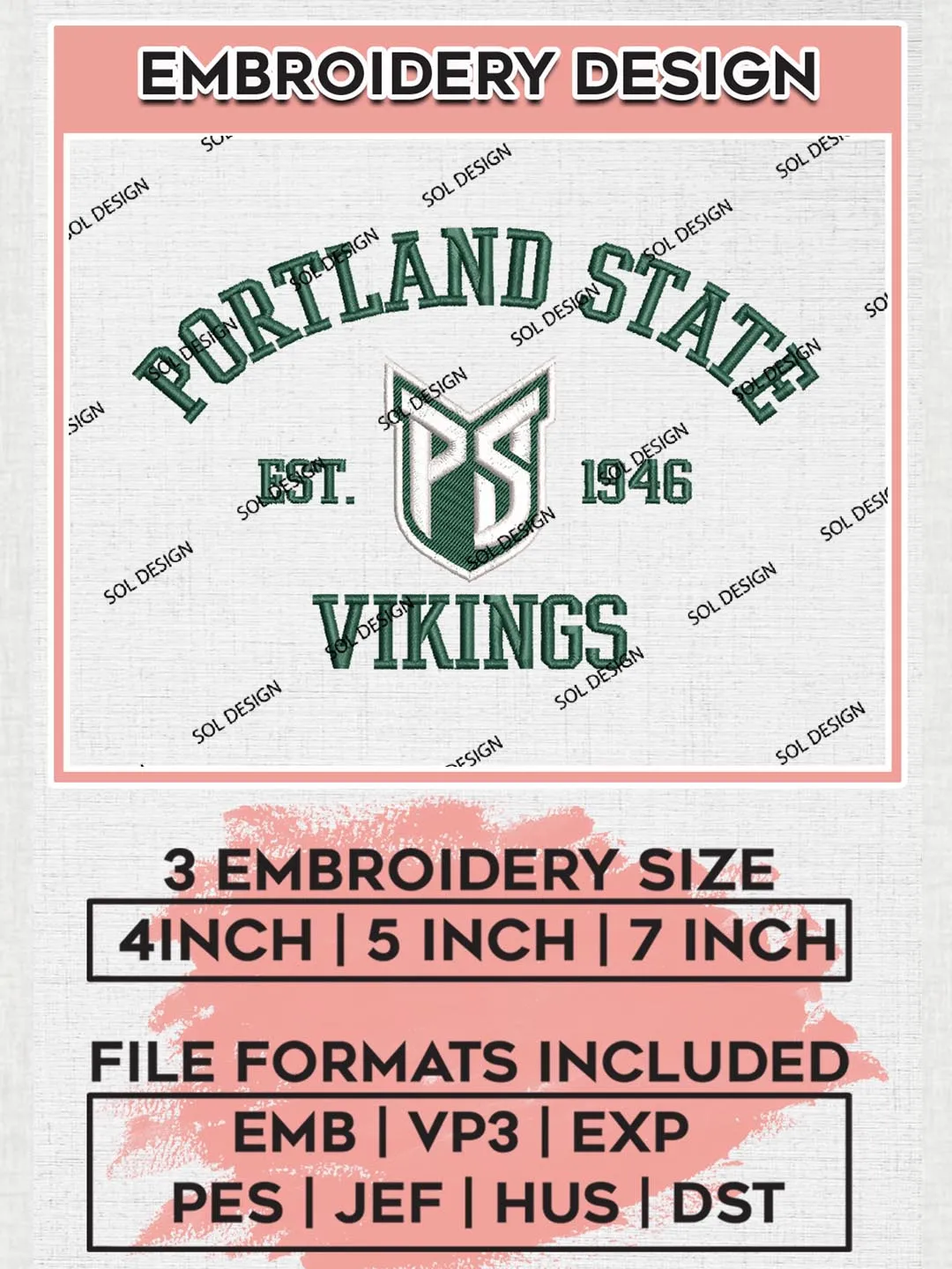 NCAA Portland State Vikings Est 1946 Logo Embroidery Designs, NCAA Portland State Vikings Team Embroidery, NCAA Team Logo, 3 sizes, Machine embroidery Files, Digital Download