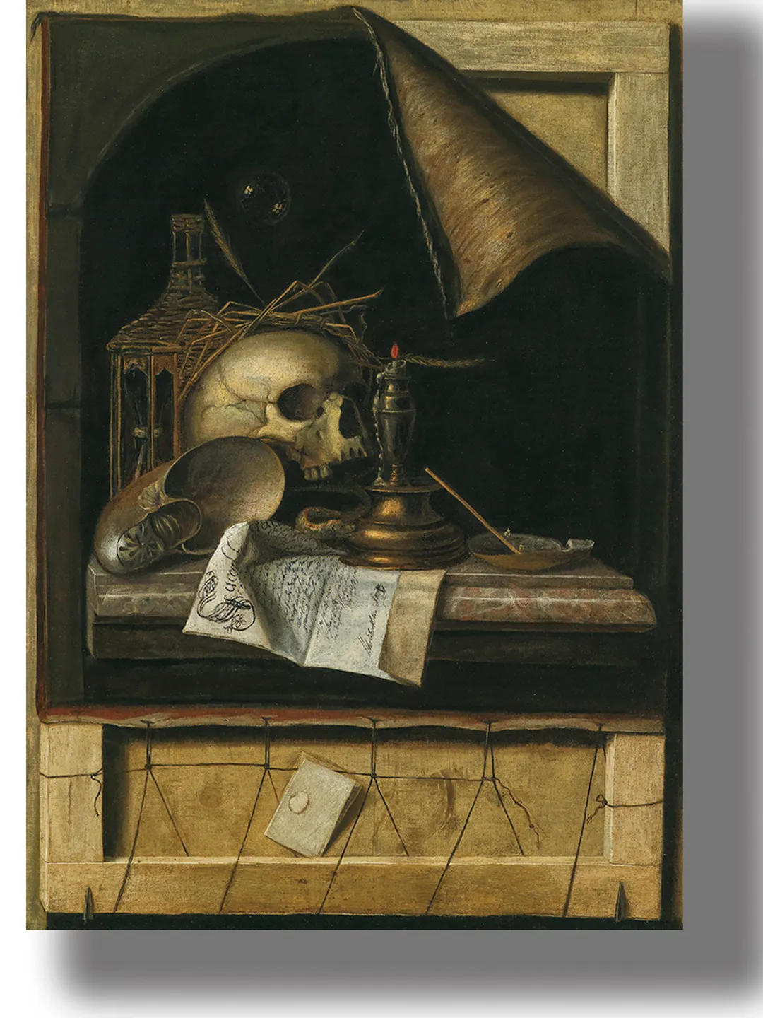 Symbols of death: a skull, a candle and a clock.
