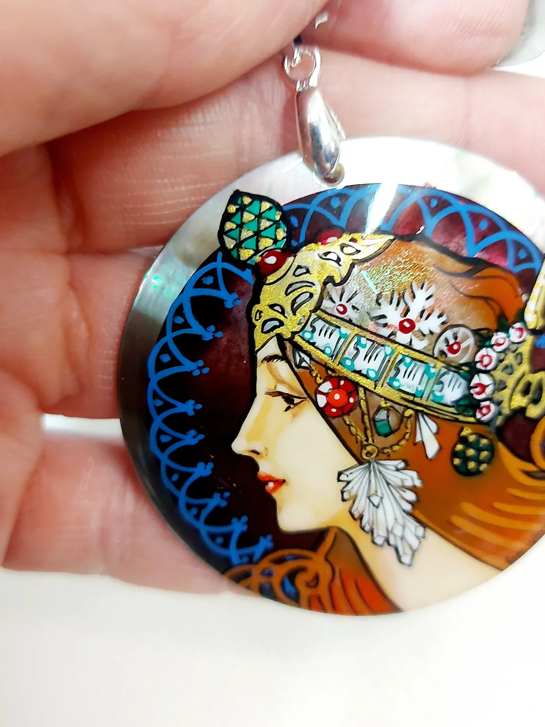 Zodiac. Alphonse Mucha. Mother-of-pearl Russian hand painting. Hand-painted necklace pendant. Hand painted miniature painting