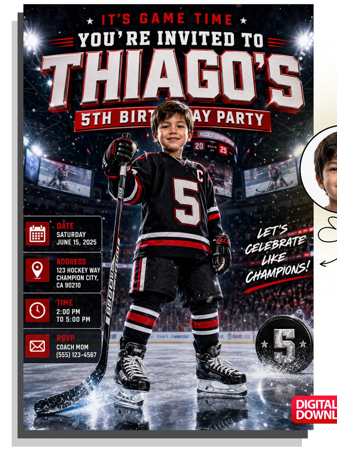 Custom Hockey Birthday Invitation with Photo, Ice Hockey Party Invite (Digital Download)