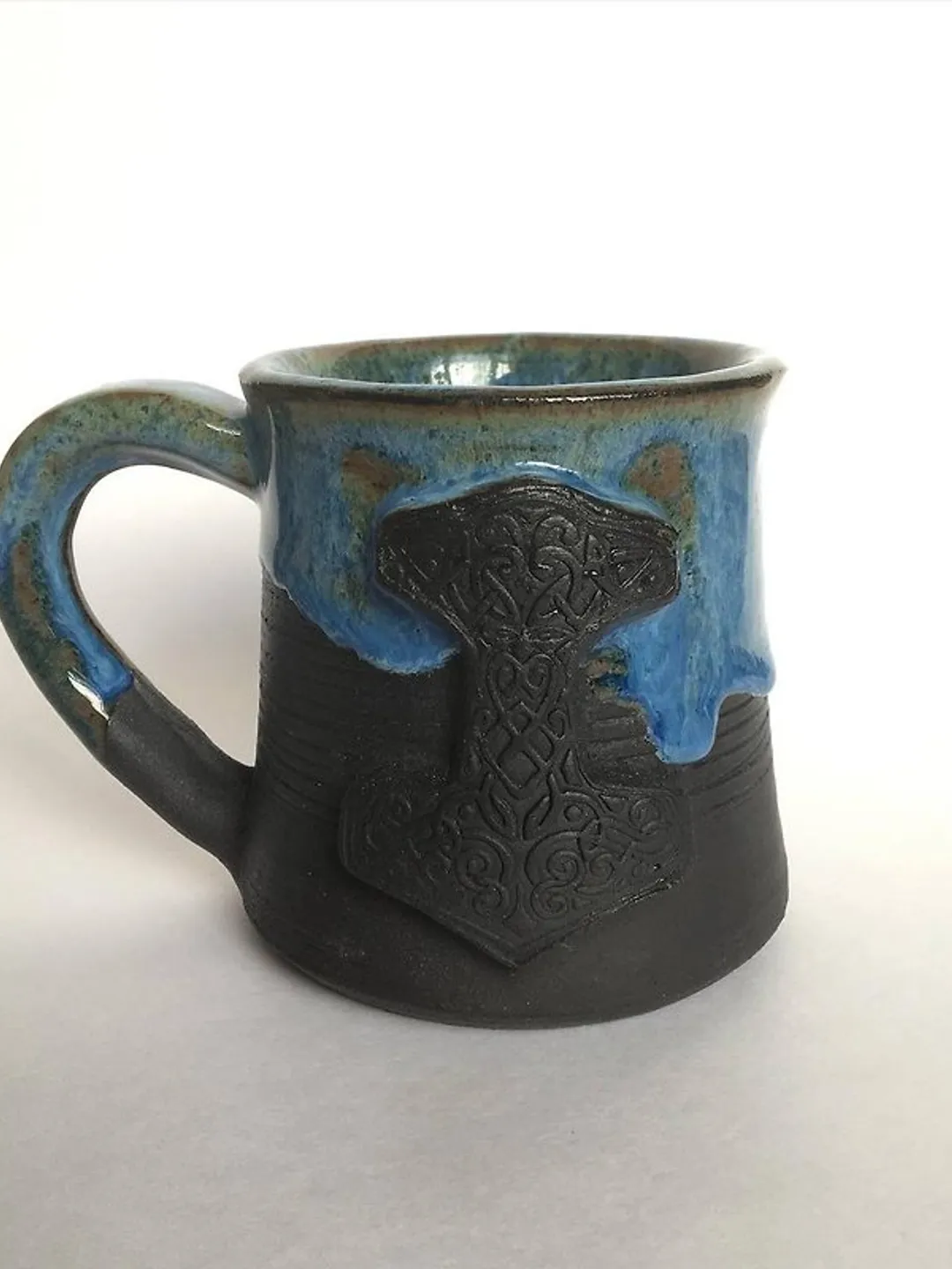 Thor Hammer Mjolnir black and blue dripping stoneware mug