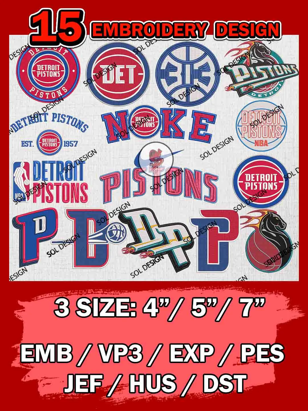 NBA Detroit Pistons Bundle Embroidery Files, NBA Detroit Pistons Team Embroidery, NBA Teams, National Basketball Association 3 sizes, NBA Pistons Basketball Machine embroidery designs, Digital Download