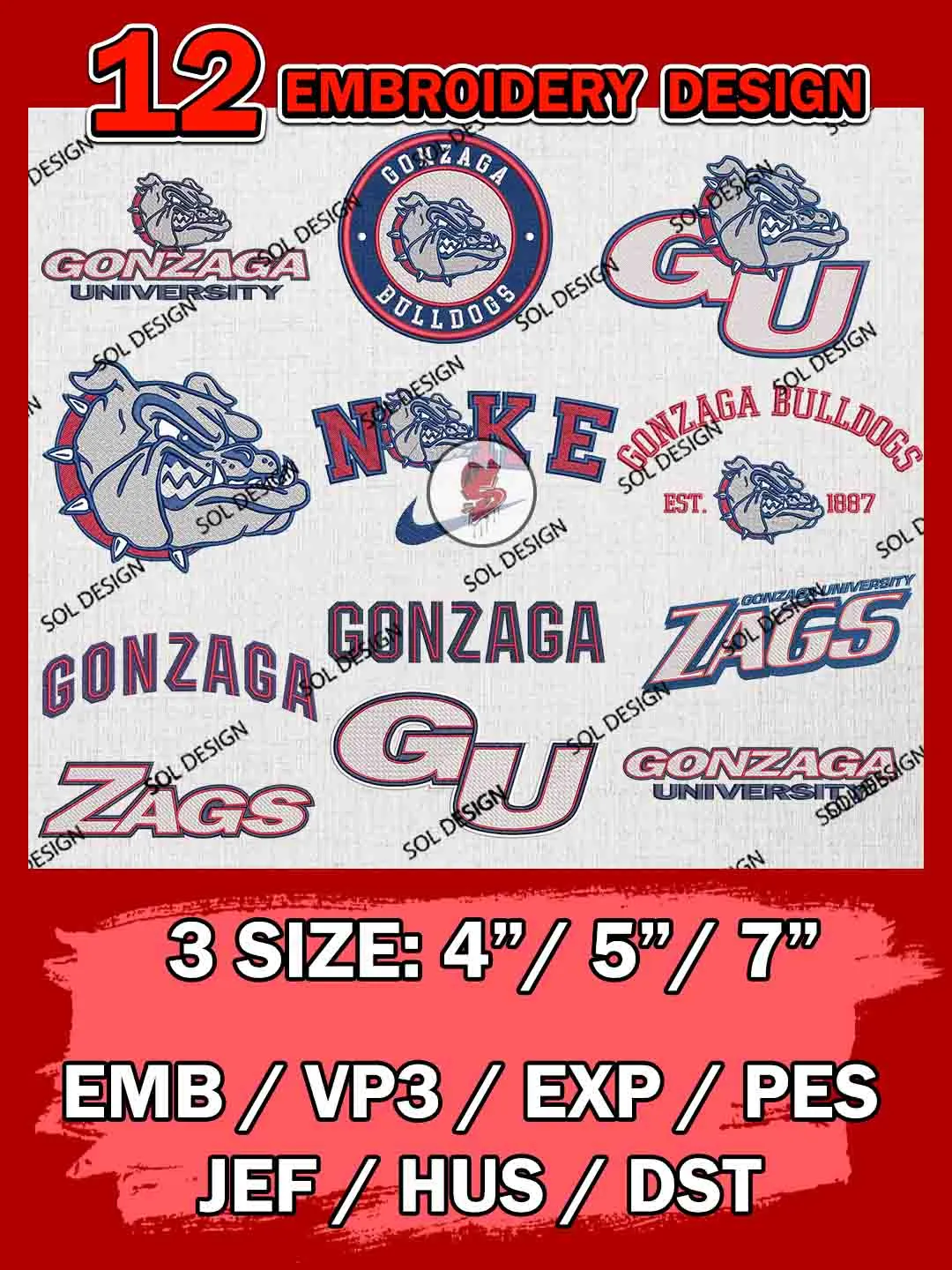 12 NCAA Gonzaga Bulldogs Bundle Embroidery Files, NCAA Gonzaga Bulldogs Team Bundle Embroidery Designs, NCAA Teams, National College Football Team 3 sizes, NCAA Gonzaga Machine Embroidery, Digital Download