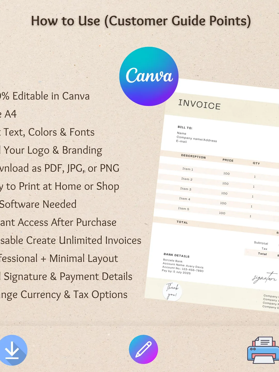 Editable Invoice Template, Invoice Template For Small Business, Canva ...