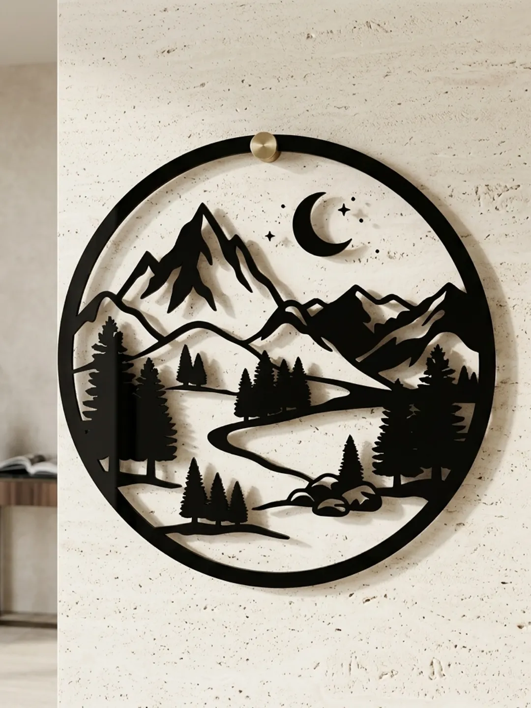 Mountain Moon Night Scene SVG | Circle Frame Pine Forest & River Wall Art | Cabin Decor & Metal Sign Design | Instant Digital Download