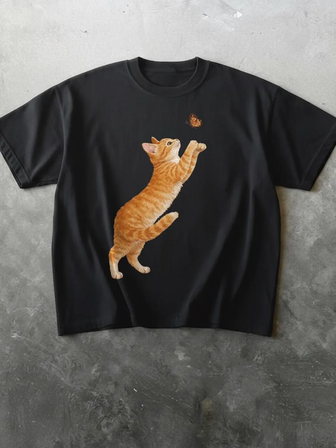 Cat and Butterfly Watercolor T-Shirt, Orange Tabby Pet Lover Tee