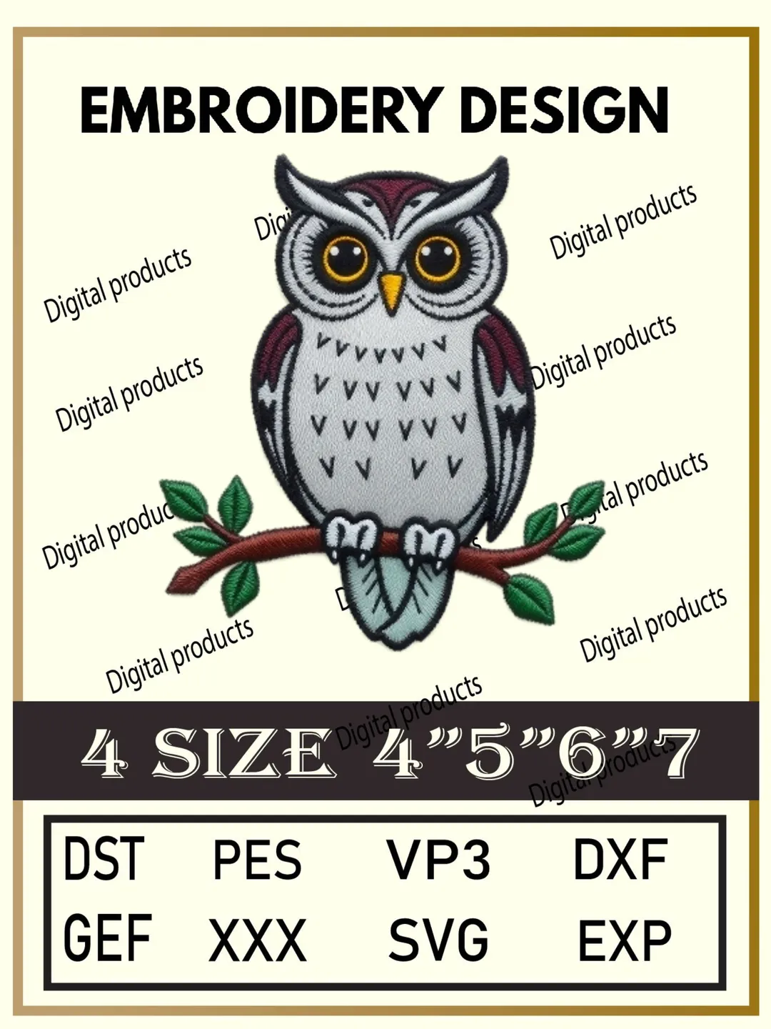 Owl Embroidery Design Digital Pattern with Yellow Eyes and Branch Motif for Machine Embroidery Projects in Four Sizes with Multiple Compatible Formats Including DST, PES, VP3, DXF, GEF, XXX, SVG, EXP Download