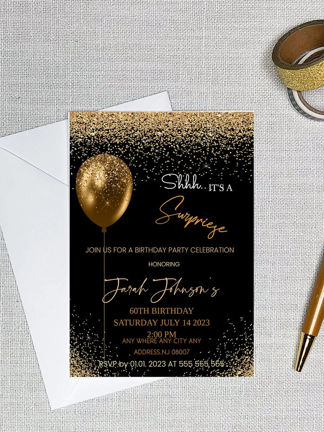 Black and Gold Birthday Invitation, Surprise Party (Printable)