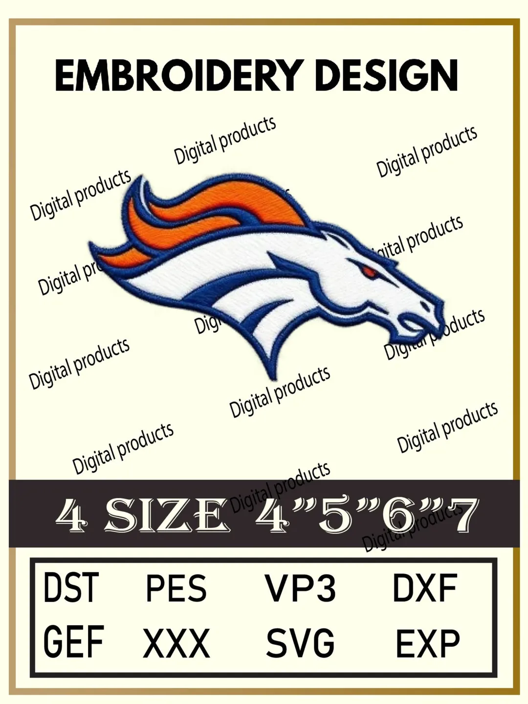 Denver Broncos Embroidery Design Digital Logo Pattern with Stylized Horse Head and Orange Mane for Machine Embroidery Projects in Four Sizes with Multiple Compatible Formats Including DST, PES, VP3, DXF, GEF, XXX, SVG, EXP Download