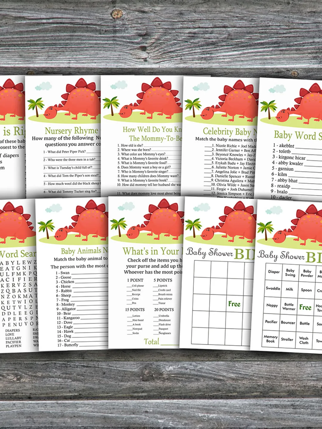 Dinosaur baby shower games bundle,Red Dinosaur Baby Shower games package,Fun Baby Shower Games,9 Printable Games-370