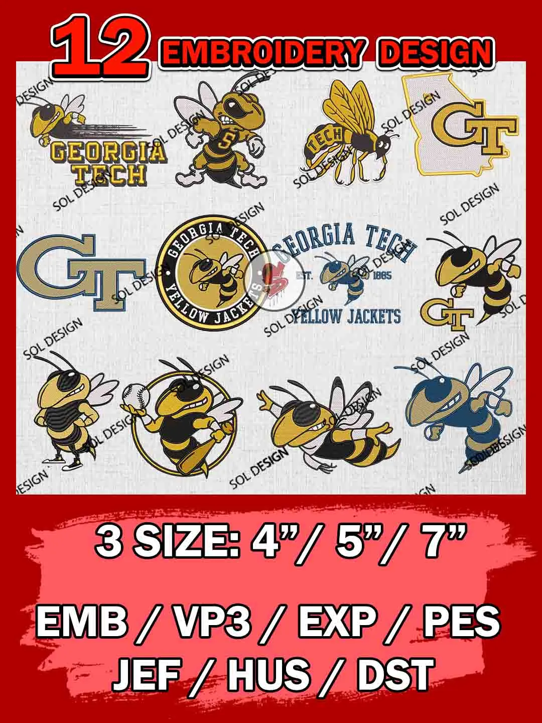 12 NCAA Georgia Tech Yellow Jackets Bundle Embroidery Files, NCAA Georgia Tech Yellow Jackets Team Bundle Embroidery Designs, NCAA Teams, National College Football Team 3 sizes, NCAA Georgia Tech Machine Embroidery, Digital Download