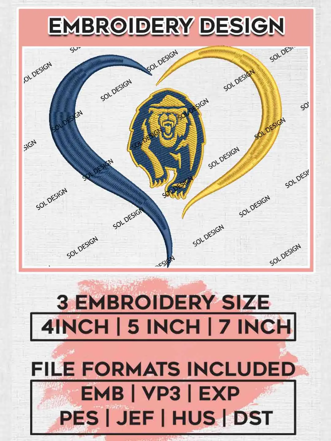 California Golden Bears Heart Logo Embroidery Designs, NCAA Logo Embroidery files, NCAA California Golden Bears Team, College Football Team Machine embroidery designs, Digital Download