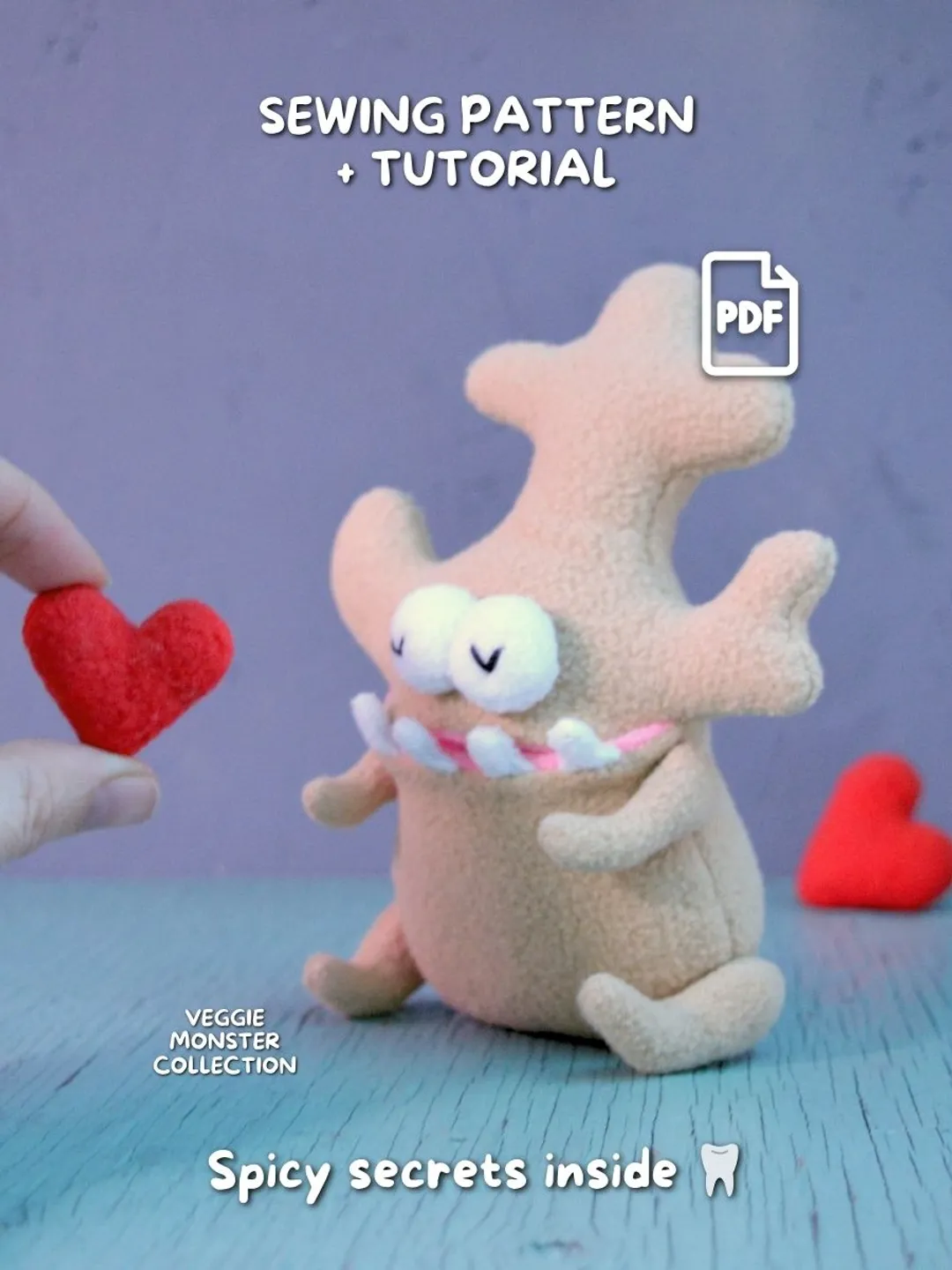 Ginger Veggie Monster Plush Sewing Pattern with Secret Mouth