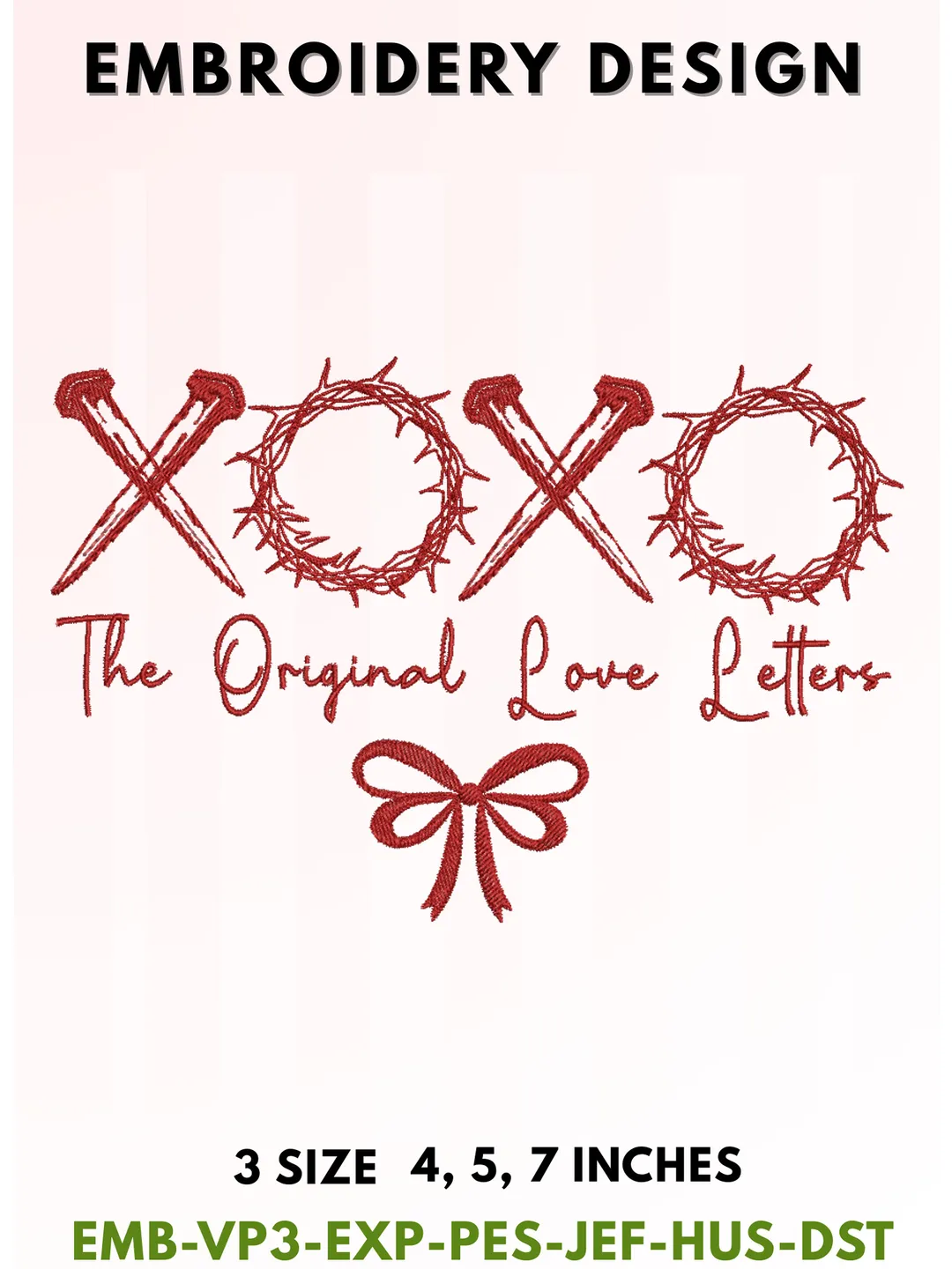 XOXO Original Love Letters Embroidery, Crown of Thorns & Nails Typography, Red Bow Christian Design, Religious Faith-Based Aesthetic, 3 Sizes